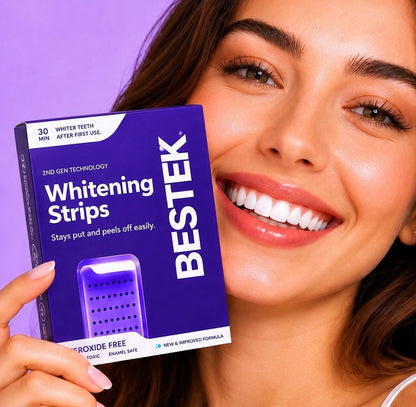 Teeth whitening strips 28 treatments / 56 strips", "sensitive teeth friendly"