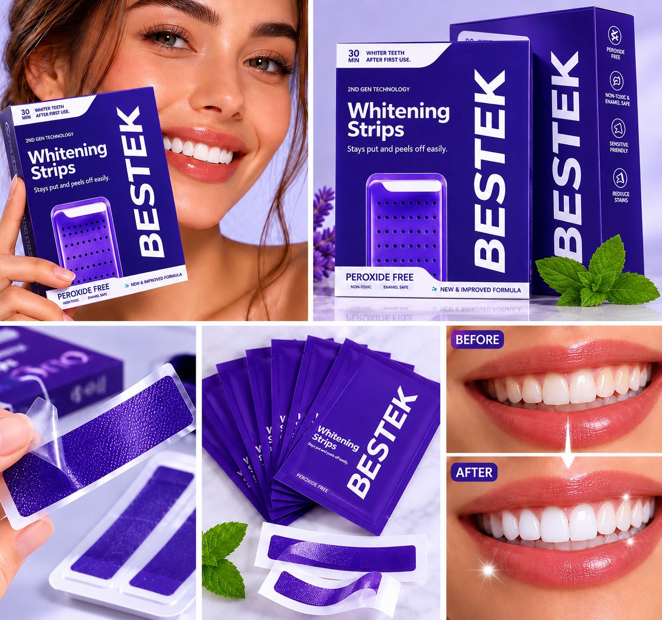 Teeth whitening strips 28 treatments / 56 strips", "sensitive teeth friendly"