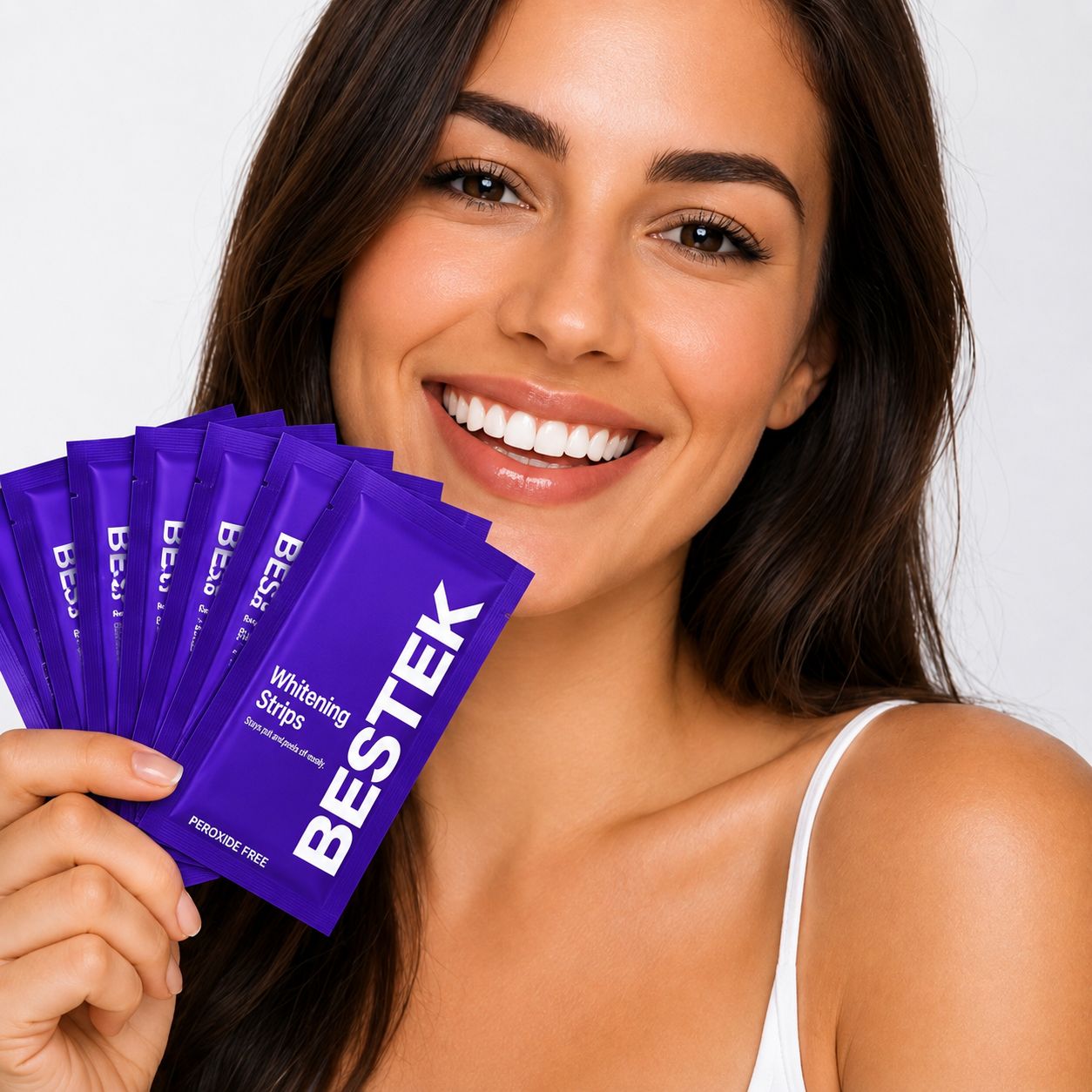 Teeth whitening strips 28 treatments / 56 strips", "sensitive teeth friendly"