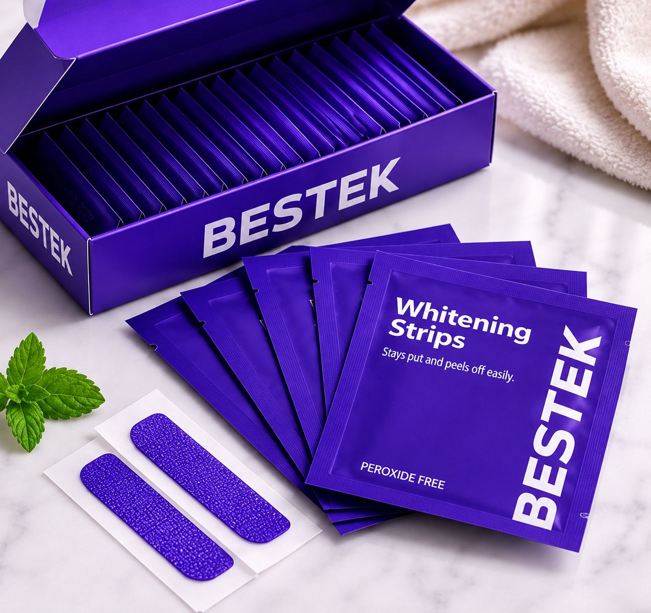 Teeth whitening strips 28 treatments / 56 strips", "sensitive teeth friendly"